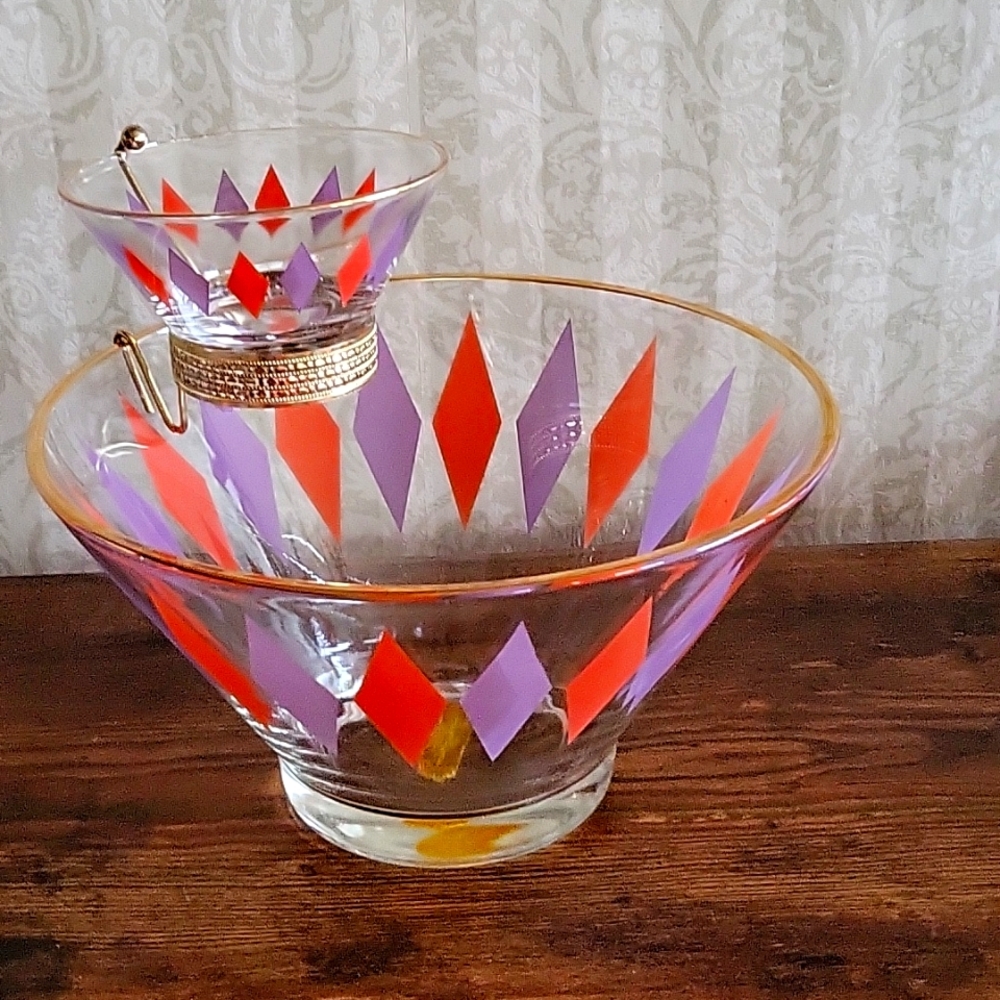 Vintage MCM Harlequin Chip & Dip Bowl Set Anchor Hocking 3-piece